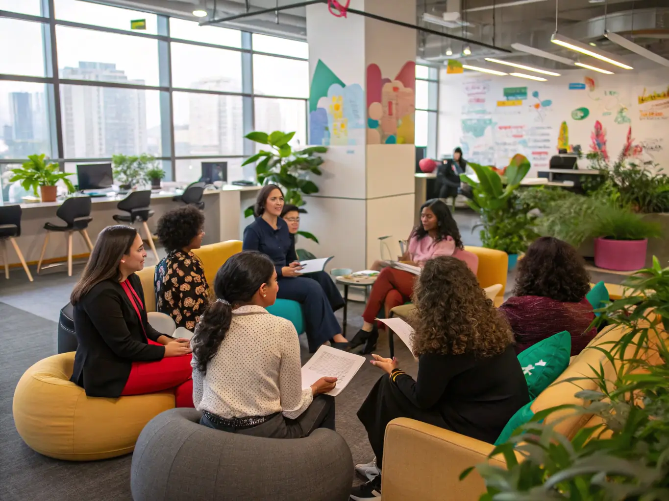 A diverse group of women participating in a business workshop, collaborating and sharing ideas.