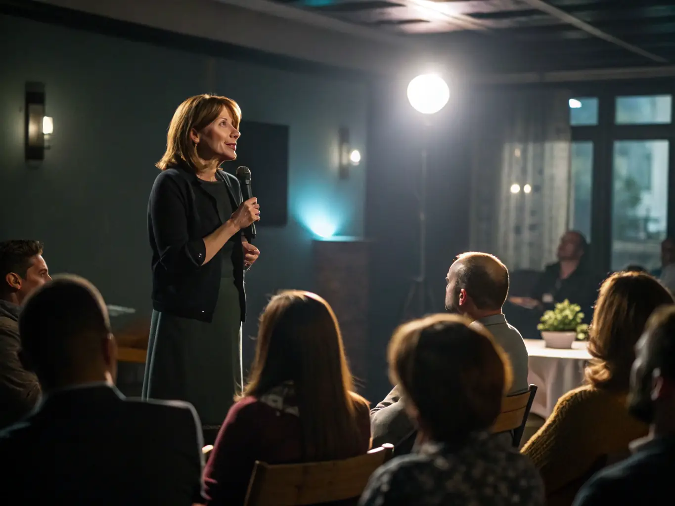 An image of a confident woman speaking at a leadership seminar with an engaged audience, representing leadership development coaching.