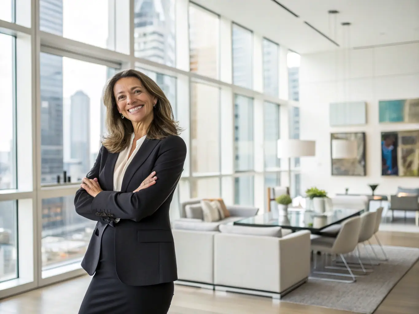 A woman entrepreneur working on her laptop in a modern co-working space, smiling confidently, representing entrepreneurship support.